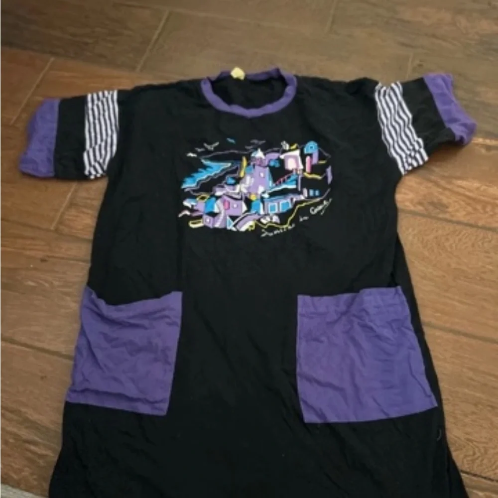 Black Tee Dress with Purple Accents & Colorful Embroidered Village